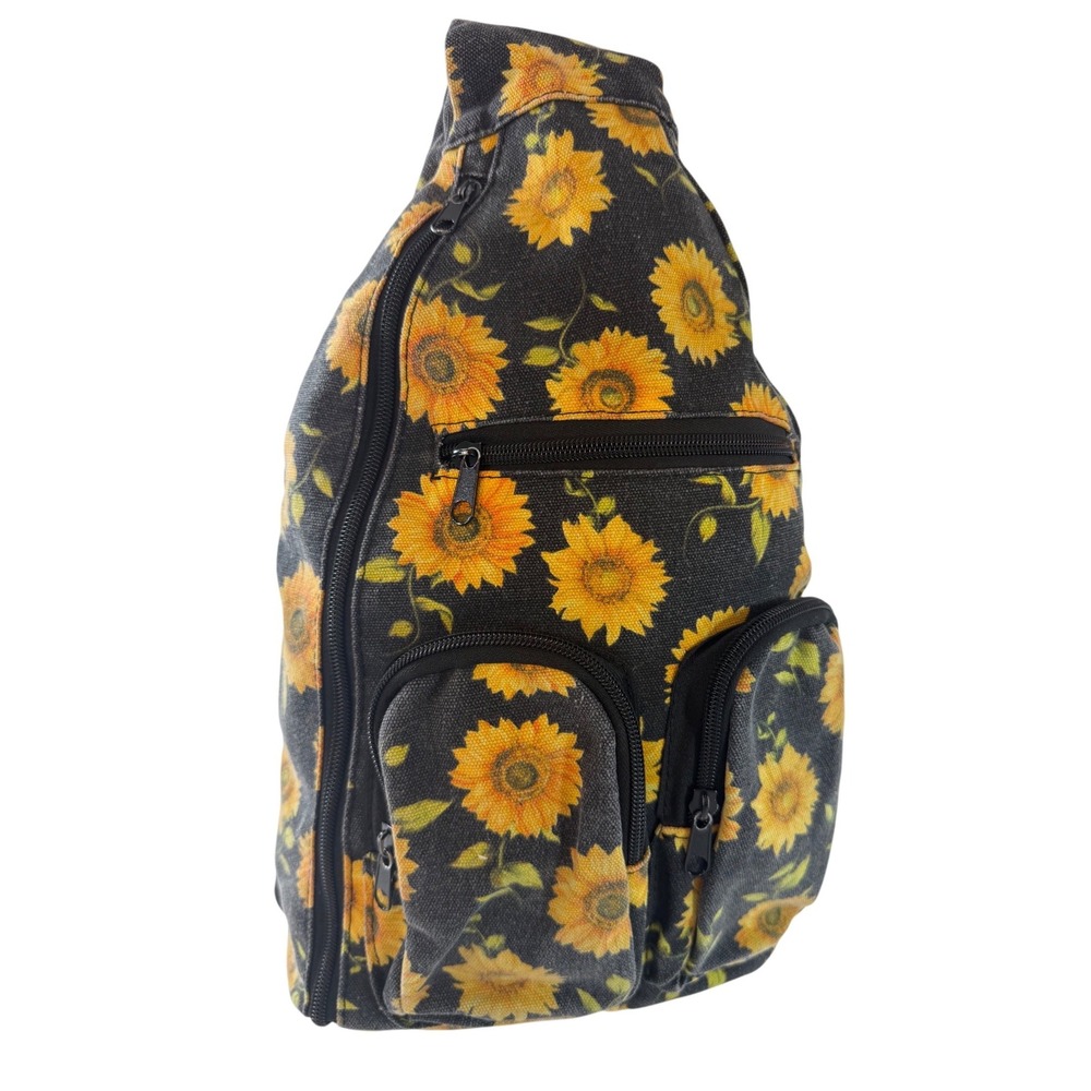 Sunflower Canvas Sling Backpack Black Yellow Floral Crossbody Shoulder Bag